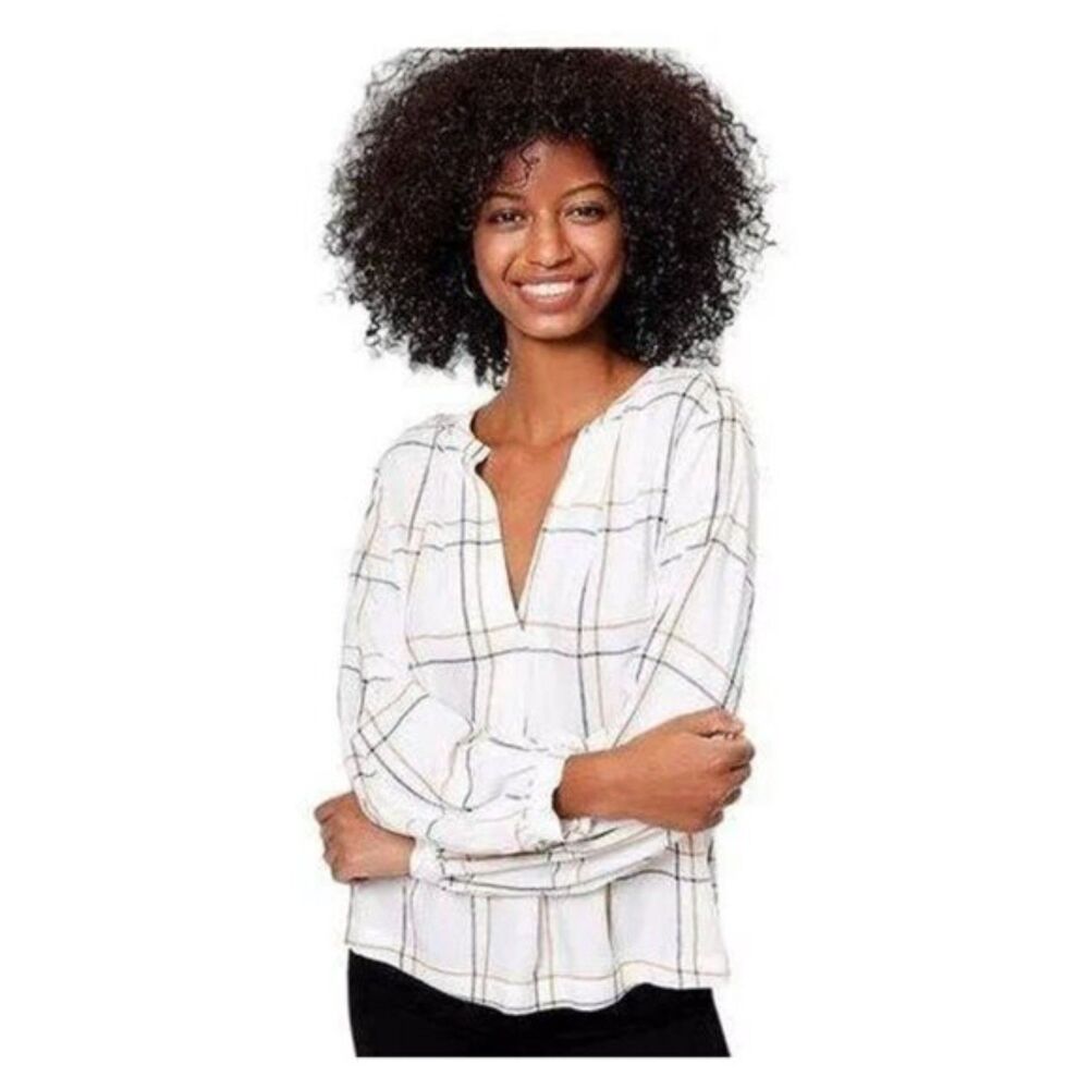 Loft Ivory, Caramel & Black Windowpane Plaid Split Neck Blouse Top Medium Casual